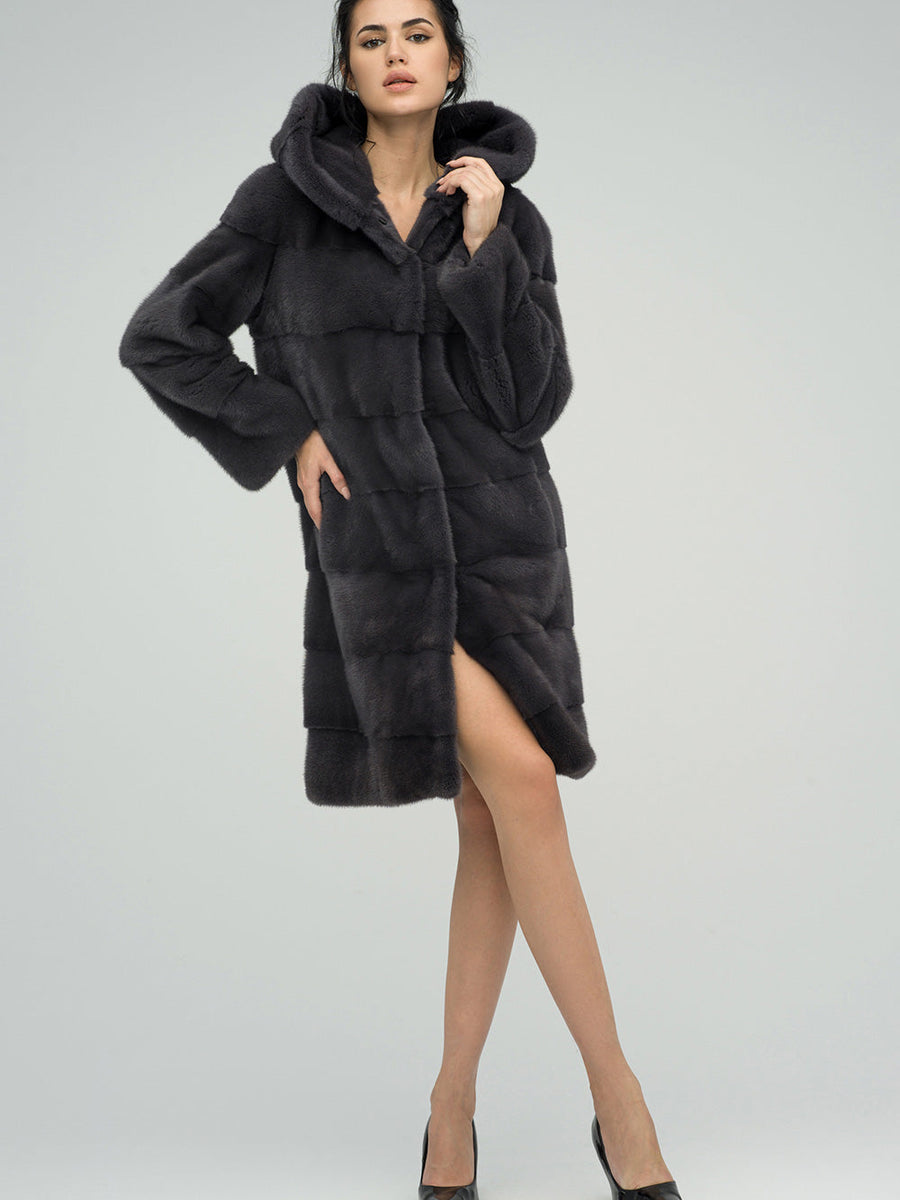 Anthracite Hooded Mink Fur Maxi Coat-0
