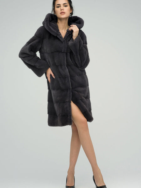 Anthracite Hooded Mink Fur Maxi Coat-0