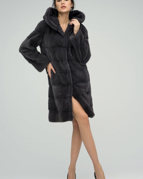 Anthracite Hooded Mink Fur Maxi Coat-0