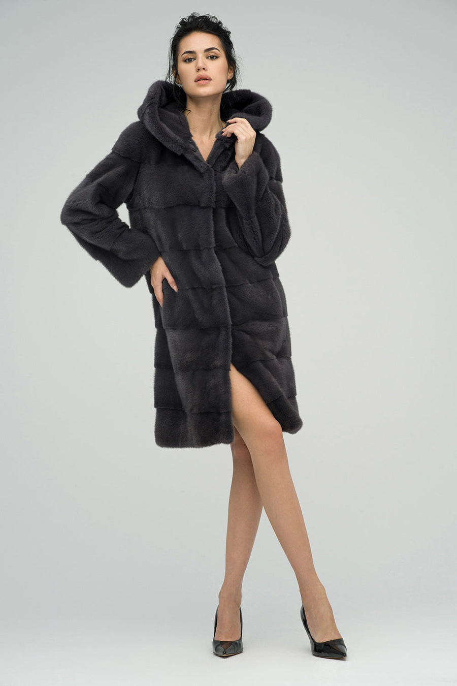 Fiorenza Beaumont — Anthracite Hooded Mink Fur Maxi Coat
