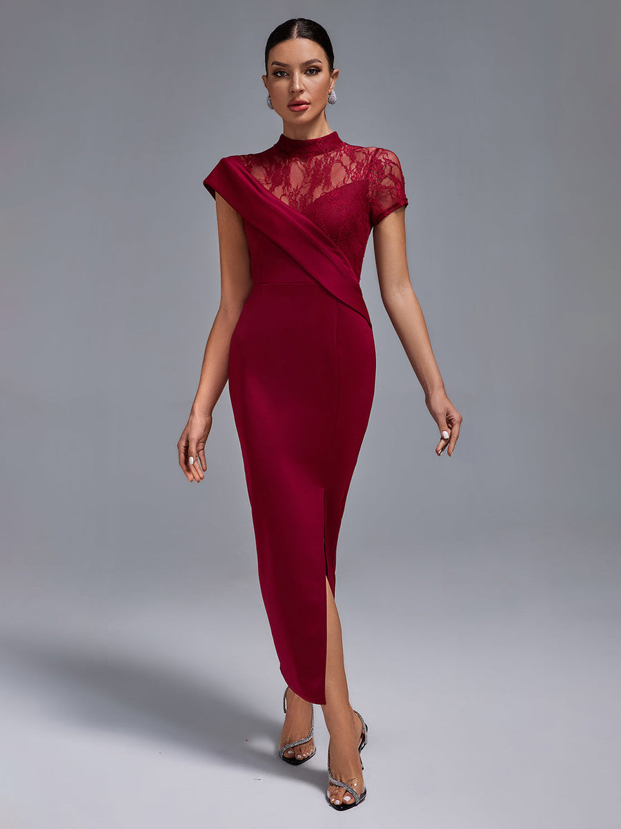 Wine Lace Split Long Dress - Opulent Empire