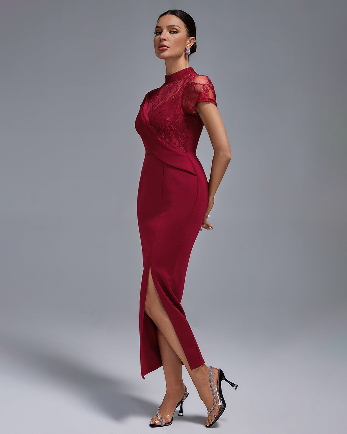 True Lefèvre — Wine Lace Split Long Dress, alternate view 5