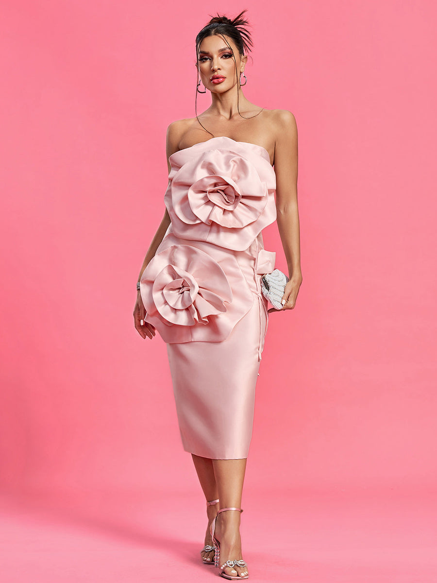Floral Strapless Midi Tube Dress - Opulent Empire