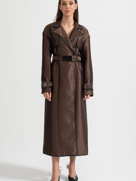 Jacquard Trench Coat With Gold Buckle Waist Belt - Brown