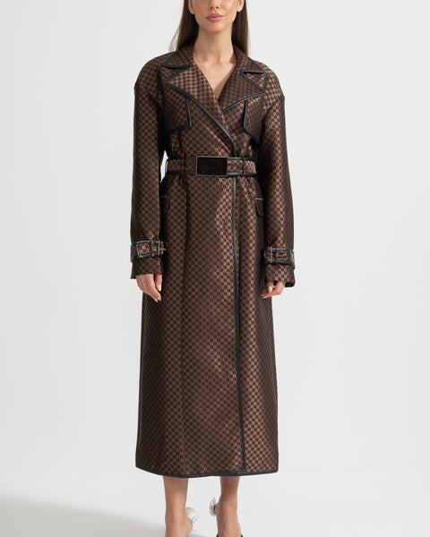 Jacquard Trench Coat With Gold Buckle Waist Belt - Brown