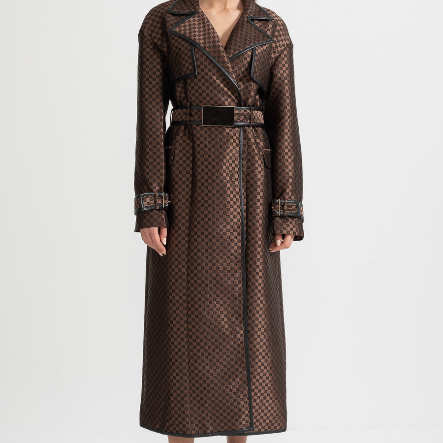 Jacquard Trench Coat With Gold Buckle Waist Belt - Brown
