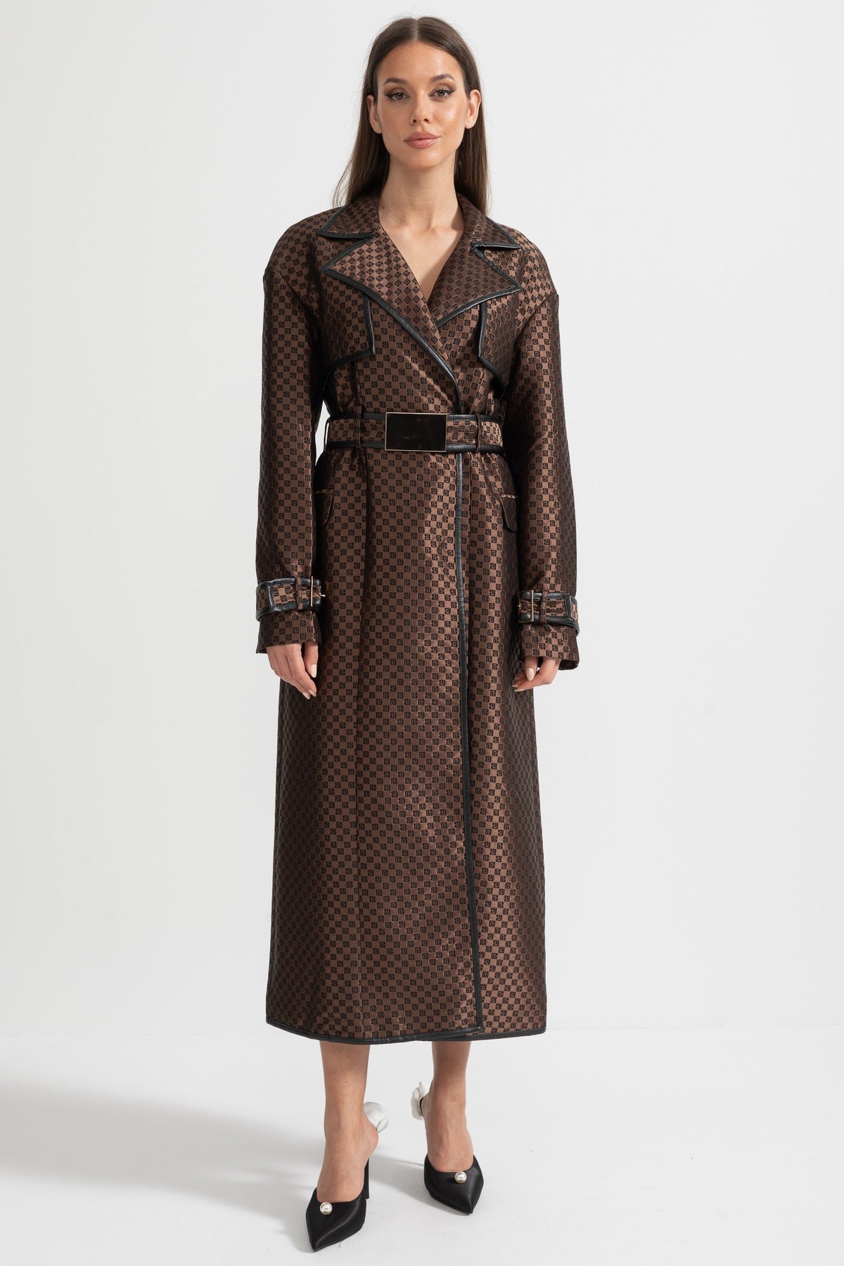 Ginevra — Jacquard Trench Coat With Gold Buckle Waist Belt - Brown