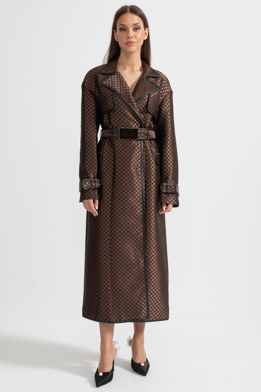 Ginevra — Jacquard Trench Coat With Gold Buckle Waist Belt - Brown