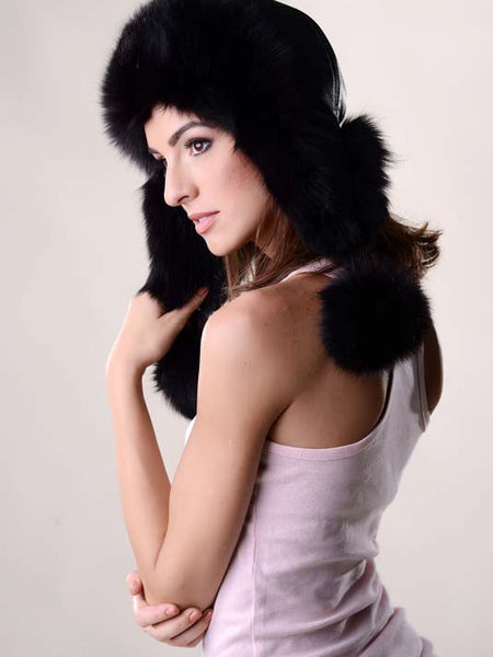 Black Genuine Arctic Fox Fur Hat with Lamb Nappa Leather