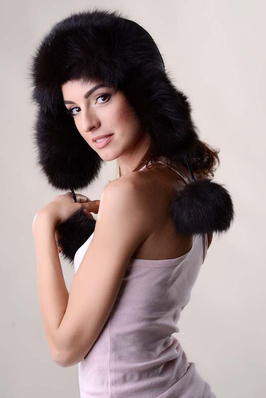 Black Genuine Arctic Fox Fur Hat with Lamb Nappa Leather
