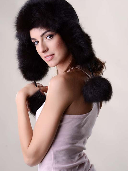 Black Genuine Arctic Fox Fur Hat with Lamb Nappa Leather