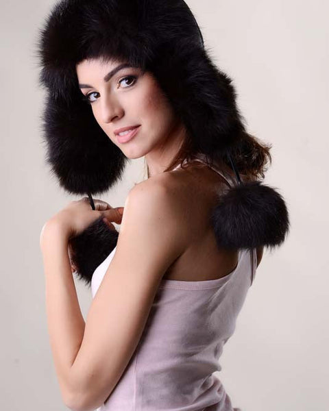 Black Genuine Arctic Fox Fur Hat with Lamb Nappa Leather