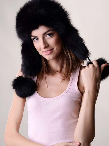 Black Genuine Arctic Fox Fur Hat with Lamb Nappa Leather