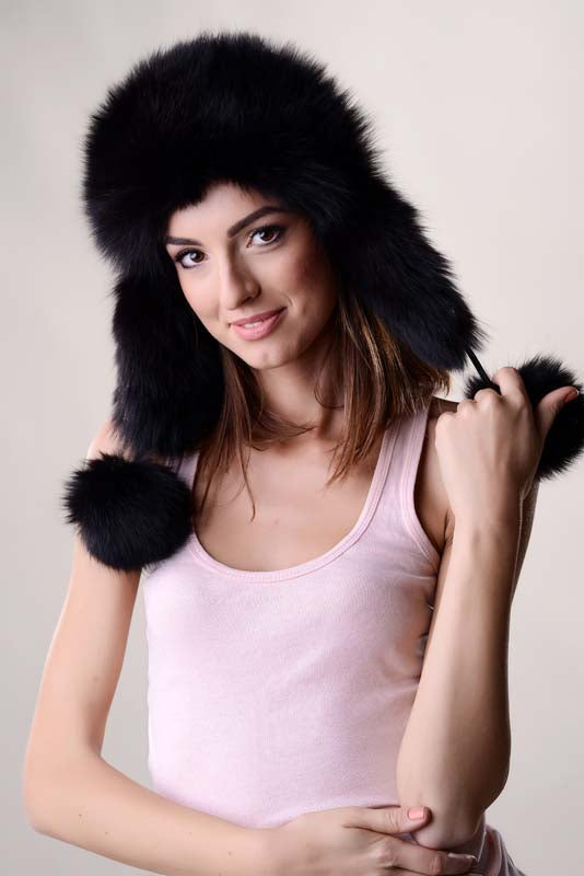 Sienna Rivière — Black Genuine Arctic Fox Fur Hat with Lamb Nappa Leather Black Women's Coat or Jacket