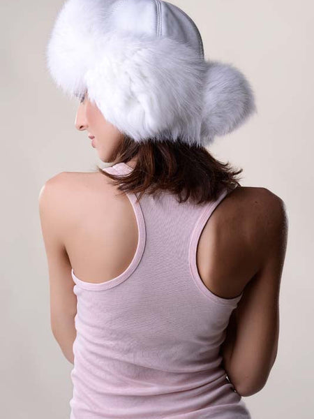 White Genuine Arctic Fox Fur Hat with Lamb Nappa Leather