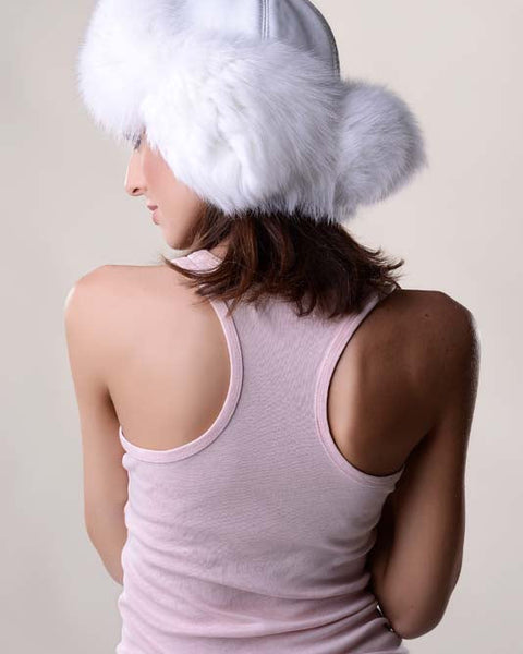 White Genuine Arctic Fox Fur Hat with Lamb Nappa Leather