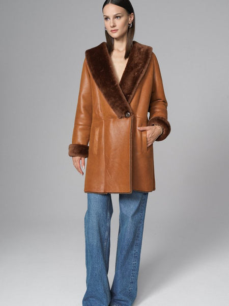Cognac Lambskin Midi Coat with Merino Fur Collar