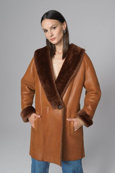 Emilienne — Cognac Lambskin Midi Coat with Merino Fur Collar