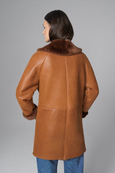 Emilienne — Cognac Lambskin Midi Coat with Merino Fur Collar, alternate view 2