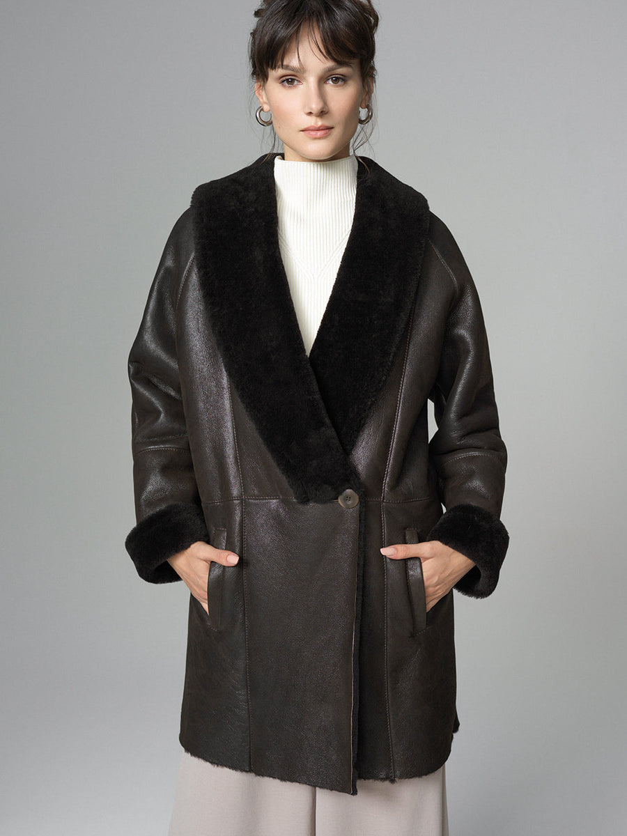 Dark Brown Lambskin Midi Coat with Merino Fur Collar