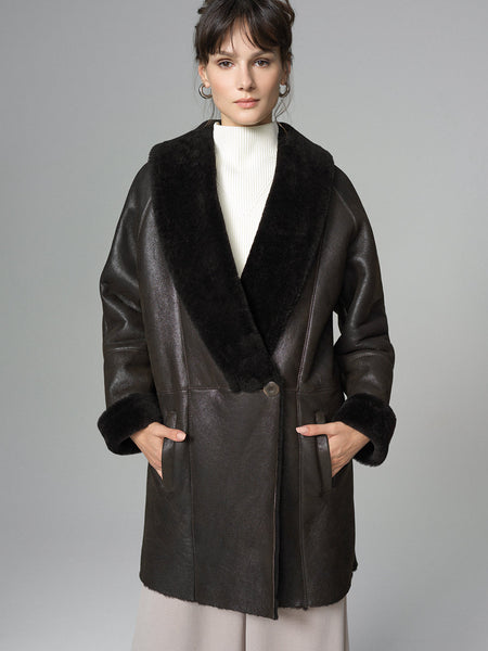 Dark Brown Lambskin Midi Coat with Merino Fur Collar