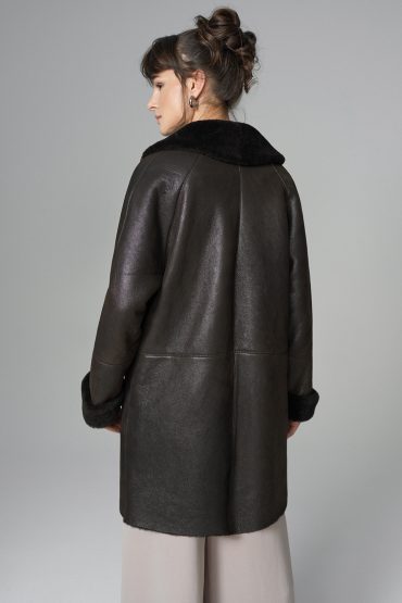 Gracienne — Dark Brown Lambskin Midi Coat with Merino Fur Collar