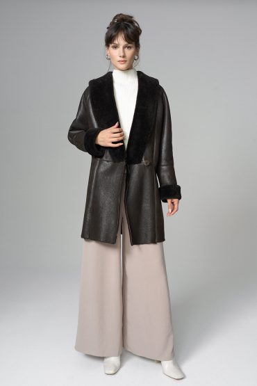 Gracienne — Dark Brown Lambskin Midi Coat with Merino Fur Collar, alternate view 2