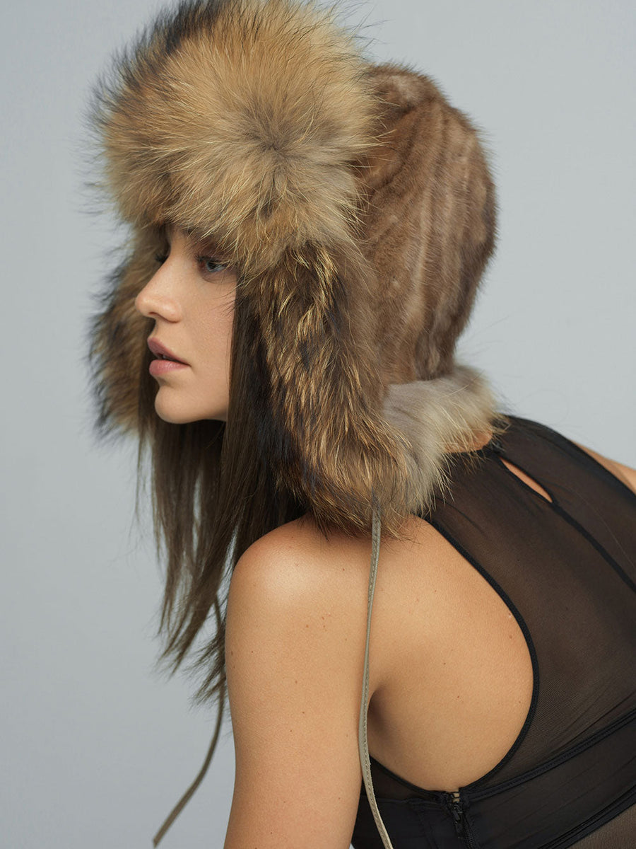 Taupe Genuine Arctic Fox and Mink Fur Hat