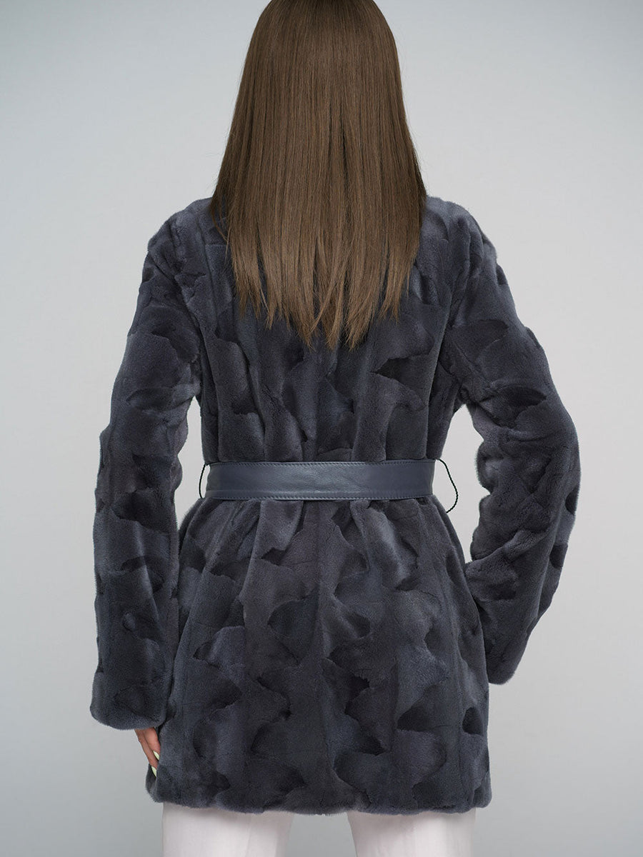 Gray Genuine Mink Fur Midi Coat
