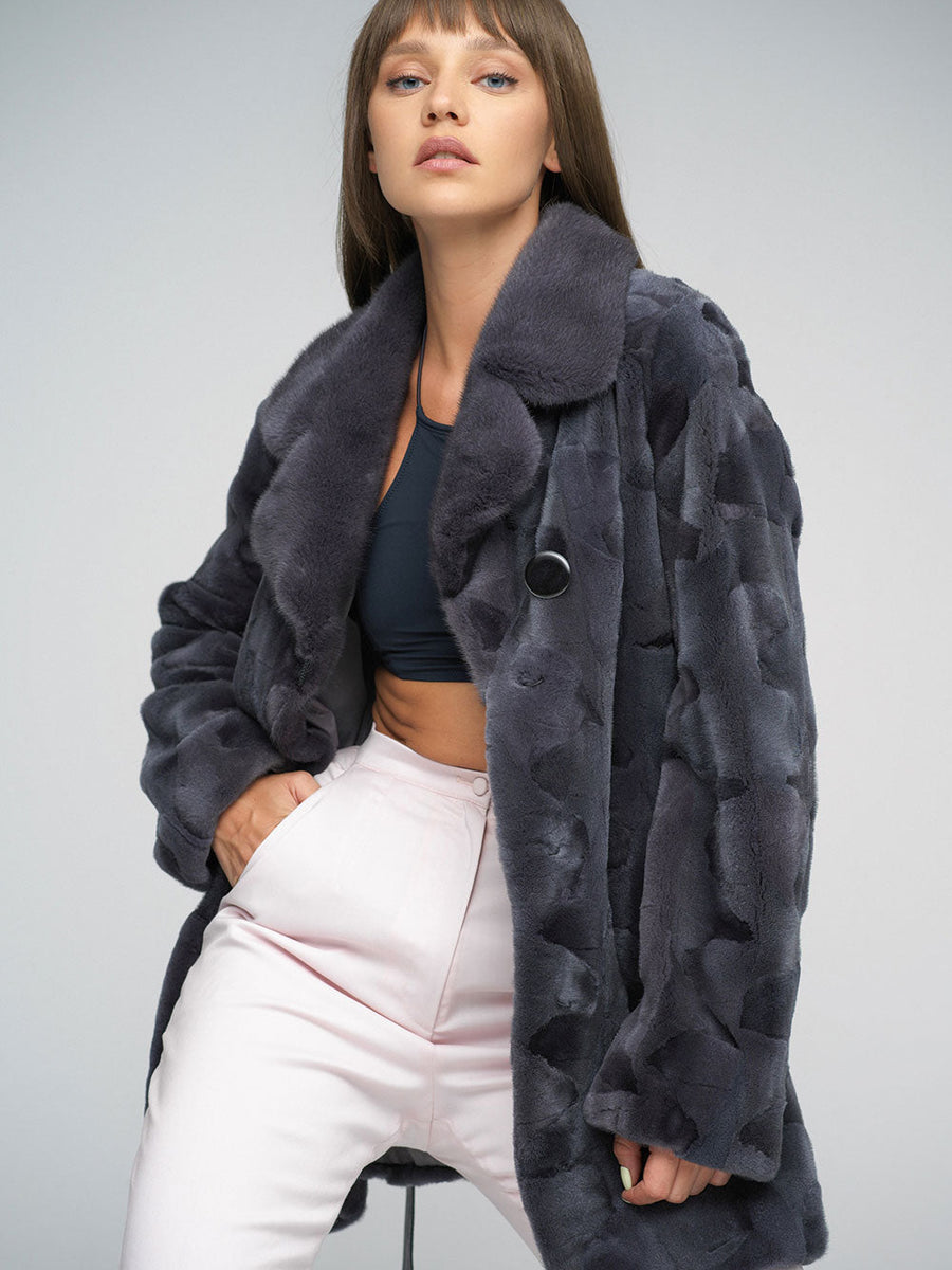 Gray Genuine Mink Fur Midi Coat