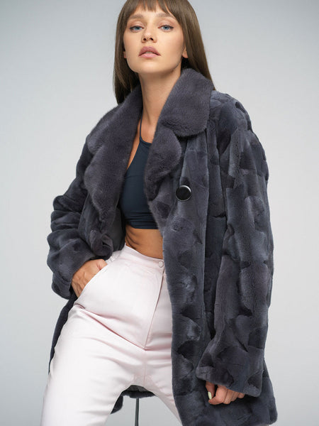 Gray Genuine Mink Fur Midi Coat