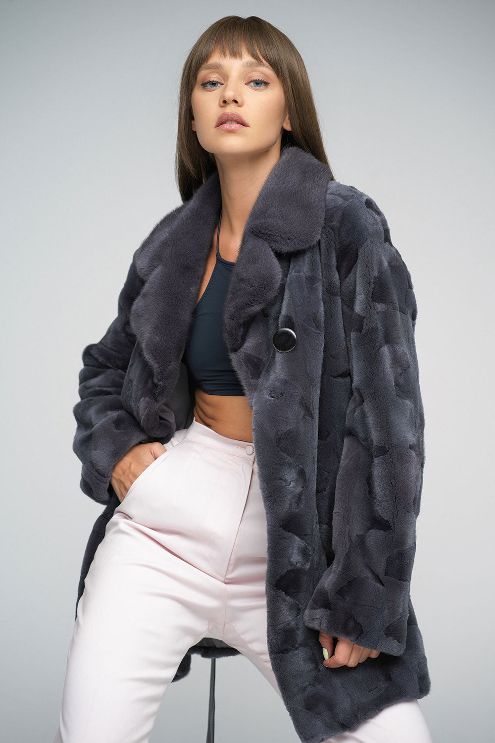 Mirabelle — Gray Genuine Mink Fur Midi Coat, alternate view 3