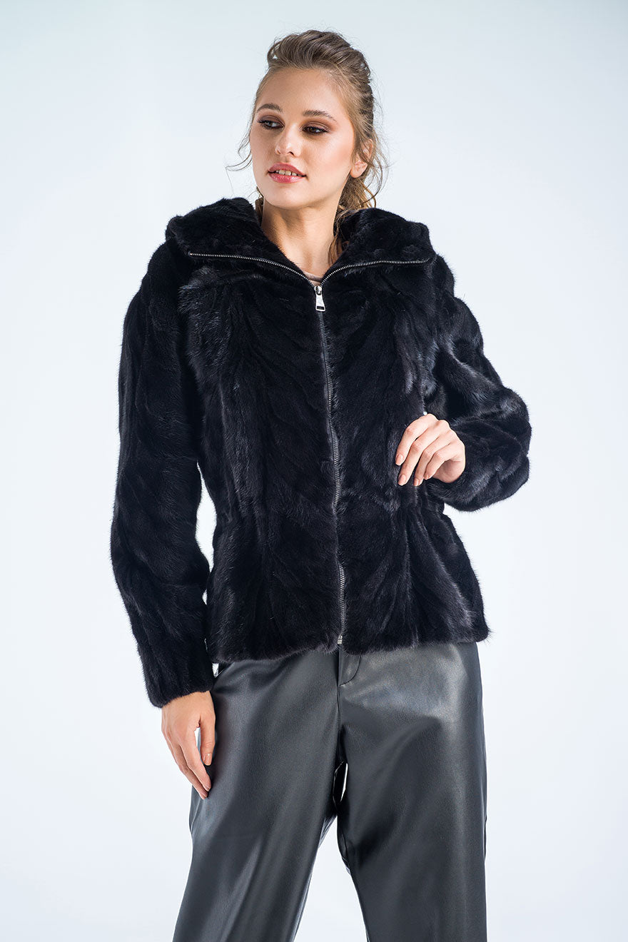 Lilou Beaumont — Black Genuine Mink Fur Hooded Jacket