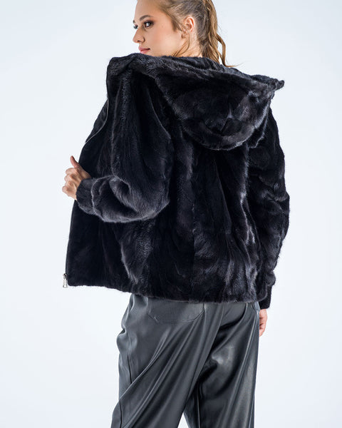 Black Genuine Mink Fur Hooded Jacket-1