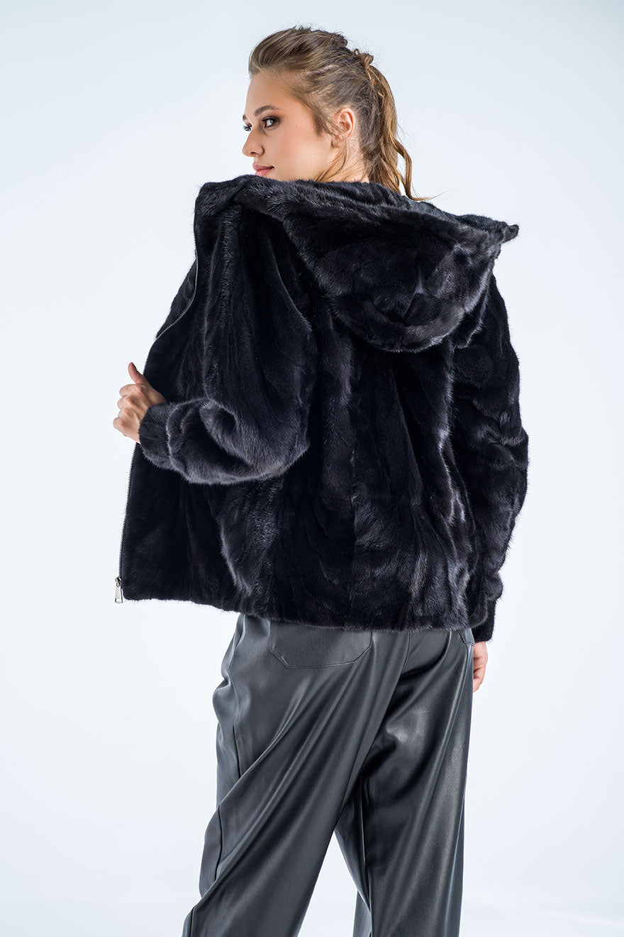 Lilou Beaumont — Black Genuine Mink Fur Hooded Jacket, alternate view 2