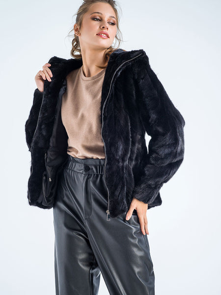 Black Genuine Mink Fur Hooded Jacket-2