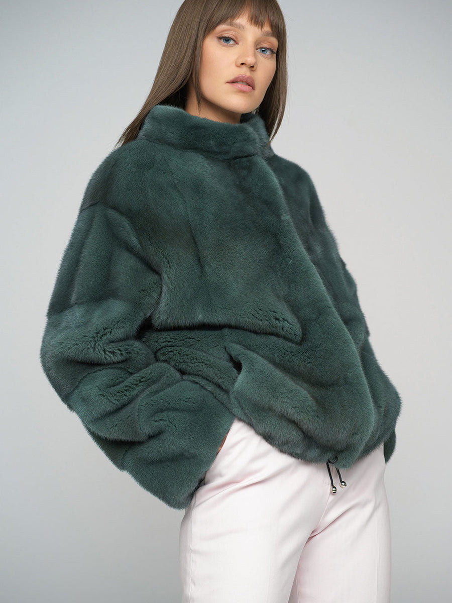 Olive Genuine Mink Fur Coat