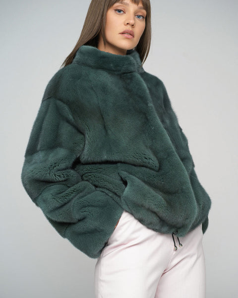 Olive Genuine Mink Fur Coat