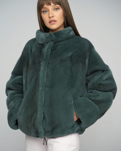 Olive Genuine Mink Fur Coat