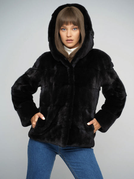 Black Luxury Genuine Mink Fur Hooded Jacket