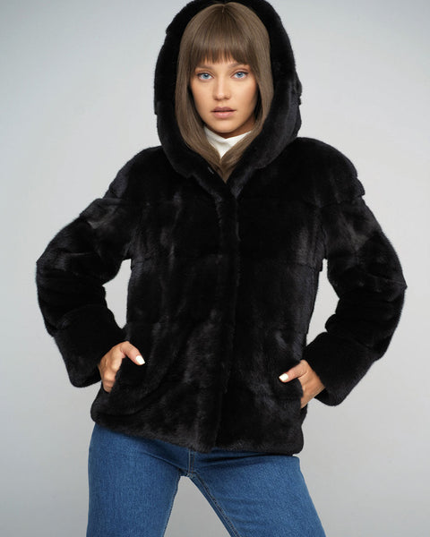 Black Luxury Genuine Mink Fur Hooded Jacket