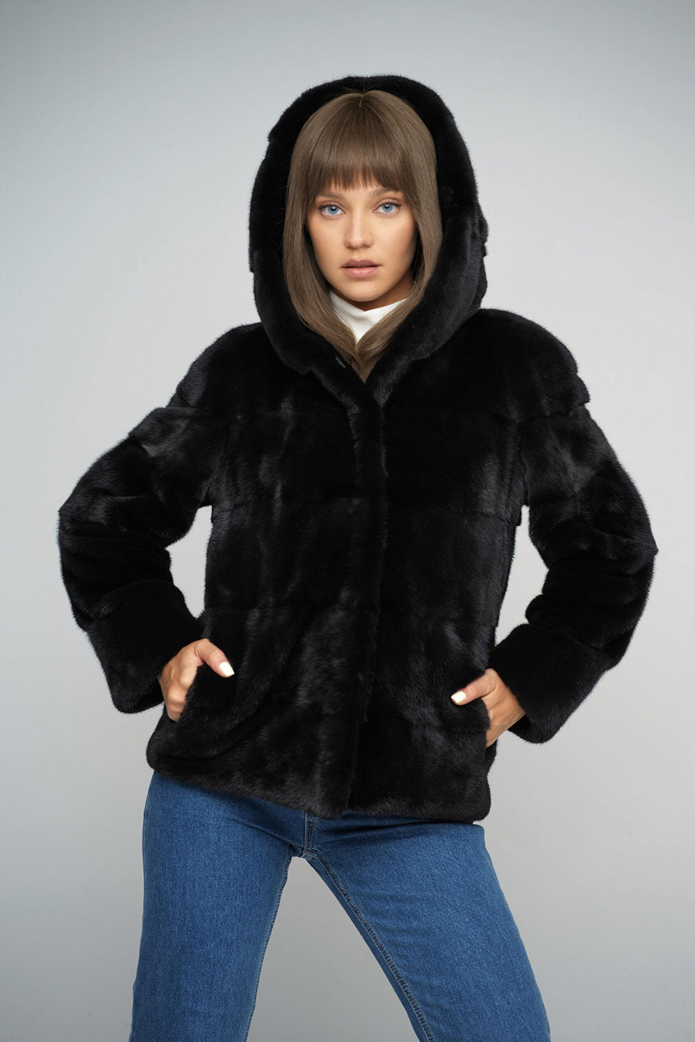 Venetia — Black Luxury Genuine Mink Fur Hooded Jacket