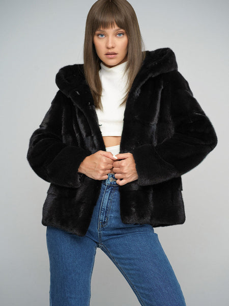 Black Luxury Genuine Mink Fur Hooded Jacket