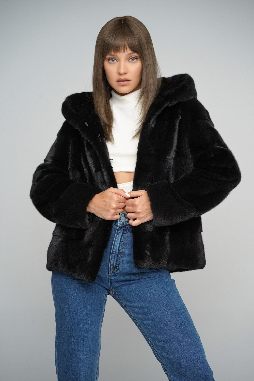 Venetia — Black Luxury Genuine Mink Fur Hooded Jacket, alternate view 3