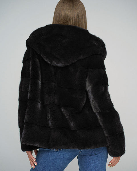 Black Luxury Genuine Mink Fur Hooded Jacket