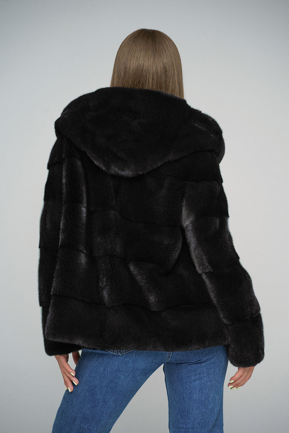 Venetia — Black Luxury Genuine Mink Fur Hooded Jacket, alternate view 2