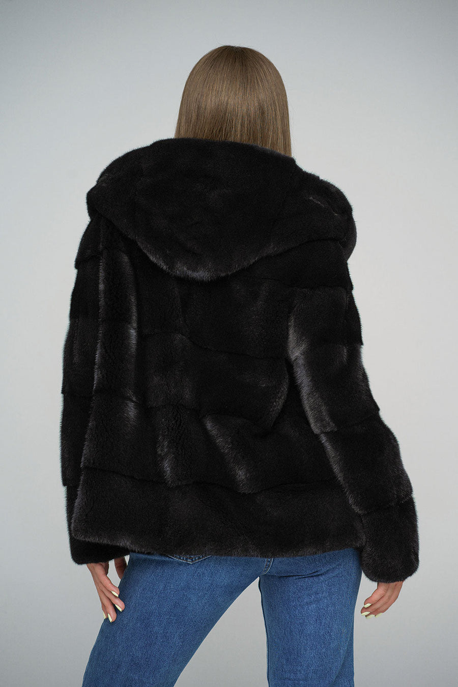Venetia — Black Luxury Genuine Mink Fur Hooded Jacket, alternate view 2
