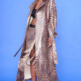 Mocha Banana Peel Eco Leather Leopard Print Trench Coat-2
