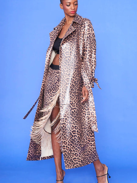 Mocha Banana Peel Eco Leather Leopard Print Trench Coat-2