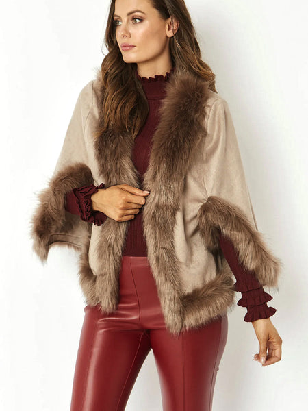 Mocha Faux Fur Suede Cape Jacket-0